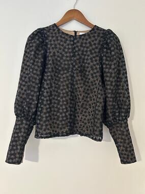 Samsoe Samsoe Pimo Blouse Black Floral Nude Overlay Bubble Long Sleeves EUC S